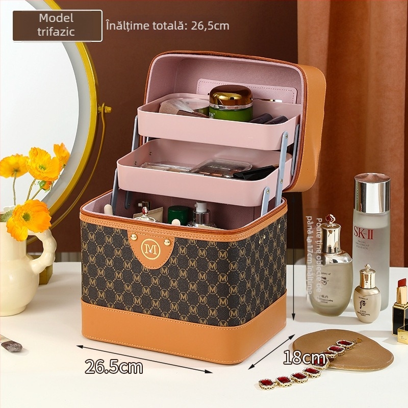 Organizator cosmetic pentru femei, piele PU, căptușeală nylon, stil cutie, model solid, multifuncțional
