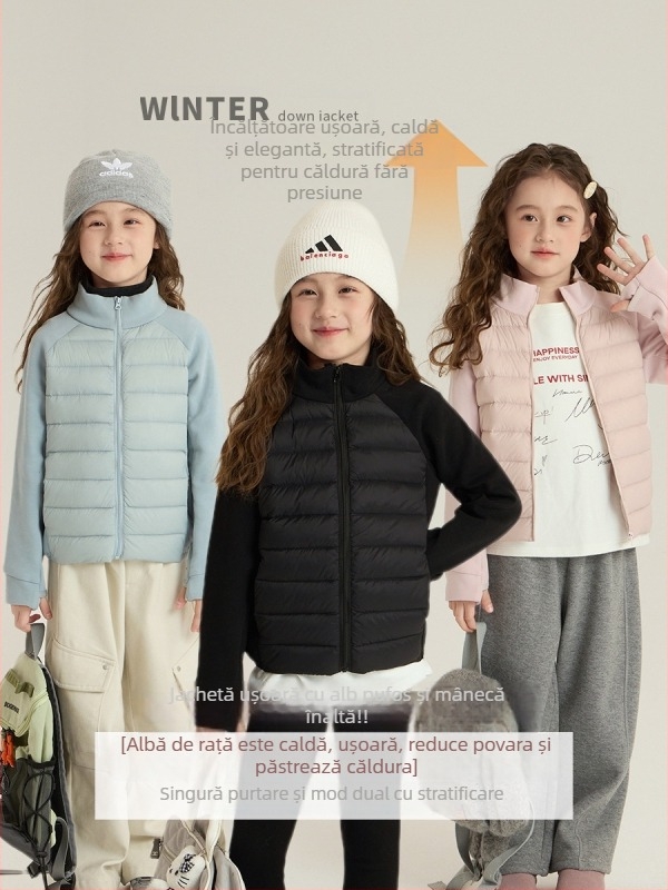 Geacă de iarnă pentru copii Elmo Beibei, versiune coreeană, umplutură din puf de rață 86–90%, ușoară și călduroasă, lungime scurtă, fermoar, fără glugă