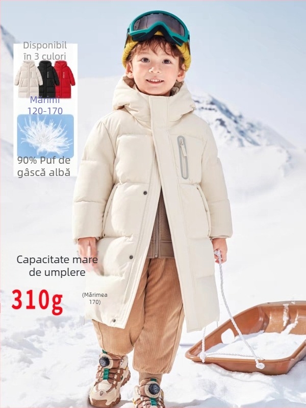 Geacă de copii unisex, lungă, cu umplutură de puf de rață, stil părinte-copil