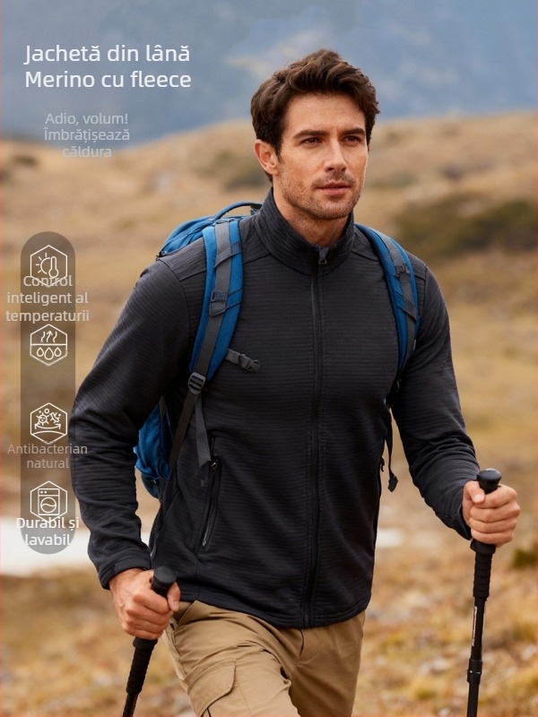 Jachetă fleece cu lână Merino, stil cardigan, fără glugă, pentru activități în aer liber, căldură, uscare rapidă, amestec sintetic
