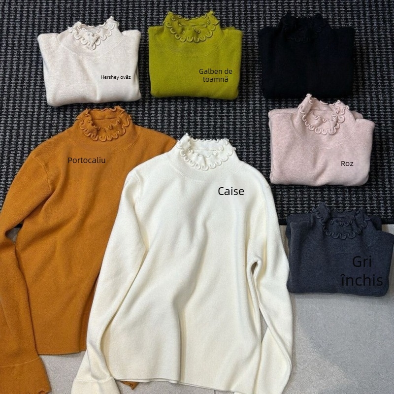 Pulover tricotat slim cu guler în dantelă, mâneci lungi, culoare solidă, din viscoză cu fir de bază, lungime 50–65 cm, iarna 2025