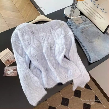 Pulover femei din chenille cu mărgele, tricot decupat, glugă, guler rotund, mâneci de tip prințesă, Spandex până la 30%