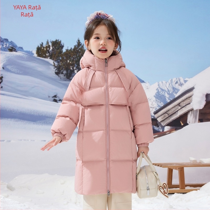 Jachetă de iarnă pentru copii, cu puf de rață alb, lungime medie, gros, închidere cu fermoar, glugă fixă