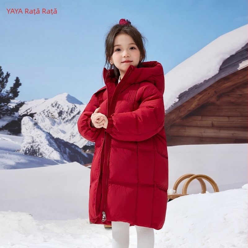 Jachetă de iarnă pentru copii, cu puf de rață alb, lungime medie, gros, închidere cu fermoar, glugă fixă