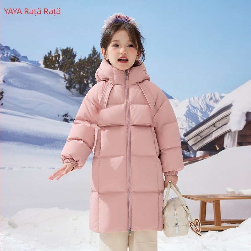 Jachetă de iarnă pentru copii, cu puf de rață alb, lungime medie, gros, închidere cu fermoar, glugă fixă