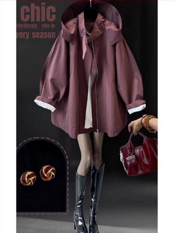 Geacă de damă cu glugă, material poliester, grosime medie, croială lejeră, închidere cu fermoar, stil casual/workwear pentru primăvara 2025
