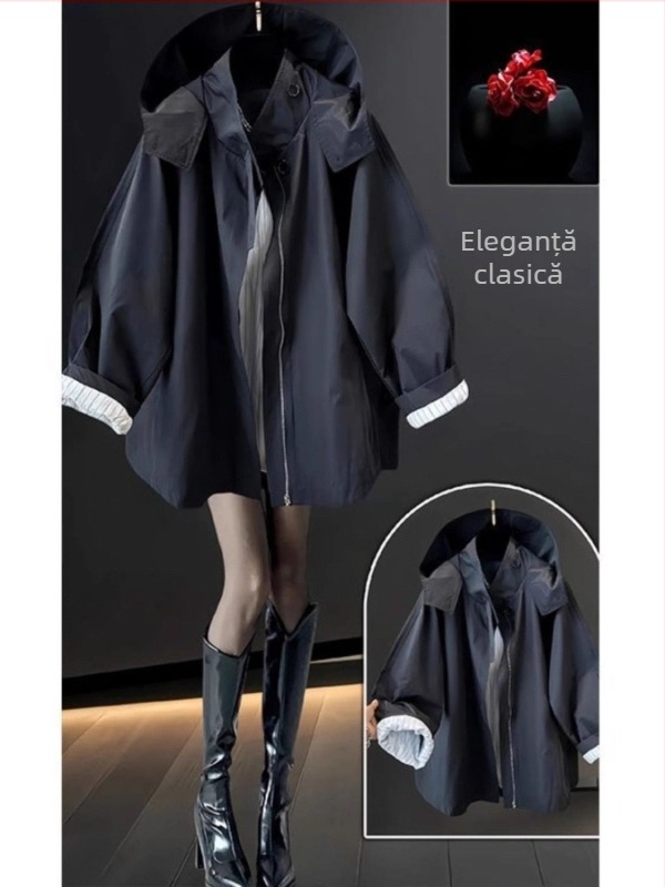 Geacă de damă cu glugă, material poliester, grosime medie, croială lejeră, închidere cu fermoar, stil casual/workwear pentru primăvara 2025