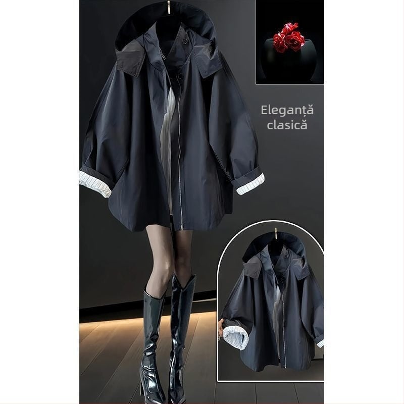 Geacă de damă cu glugă, material poliester, grosime medie, croială lejeră, închidere cu fermoar, stil casual/workwear pentru primăvara 2025