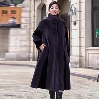 Palton lung din blană artificială pentru femei, mâneci lungi, lungime 80-100 cm, adulți