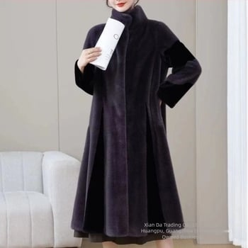Palton lung din blană artificială pentru femei, mâneci lungi, lungime 80-100 cm, adulți