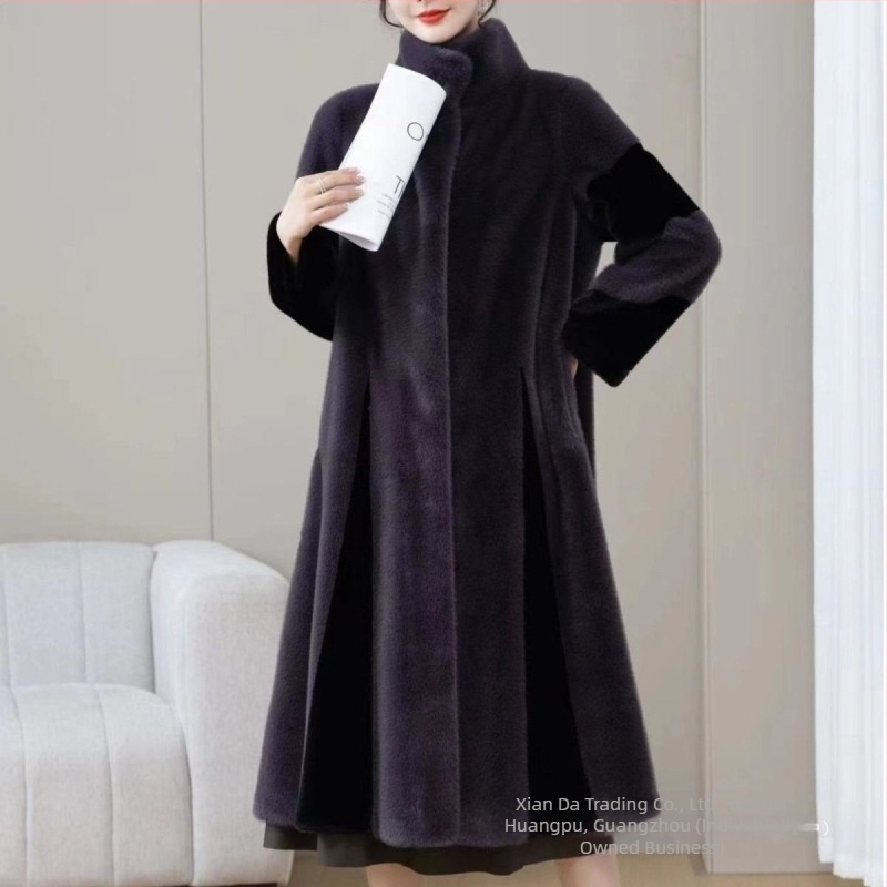 Palton lung din blană artificială pentru femei, mâneci lungi, lungime 80-100 cm, adulți