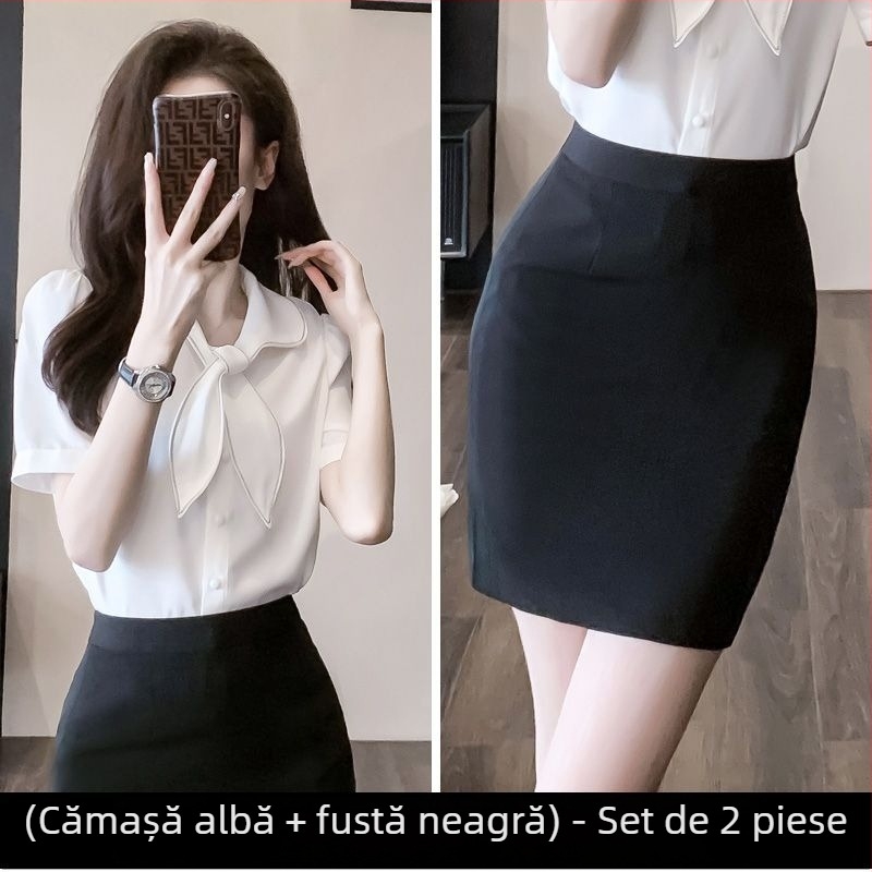 Set de uniformă de vară pentru femei cu fustă și cămașă, material Chenille cu Spandex, mâneci Five-quarter, mâneci Horn, design de fustă