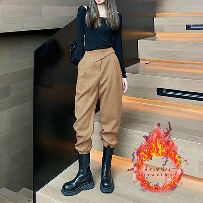 Pantaloni de trening femei cu fleece, stil cargo-harem, talie înaltă, amestec poliester, grosime medie