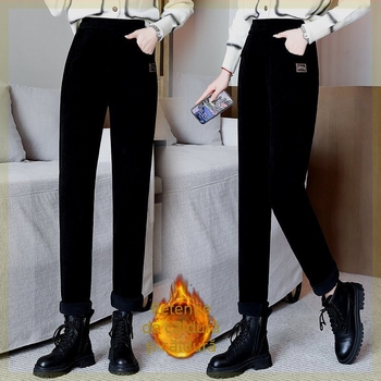 Pantaloni damă cu fleece pentru iarnă 2023, croială dreaptă, lejere, talie elastică, groși și confortabili, casual, stil urban