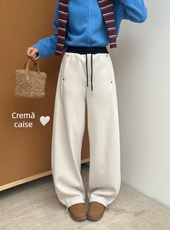 Pantaloni casual de damă din bumbac cu croială largă, talie înaltă, micro-elastici, 50–70% bumbac / 30–50% poliester, Iarna 2025