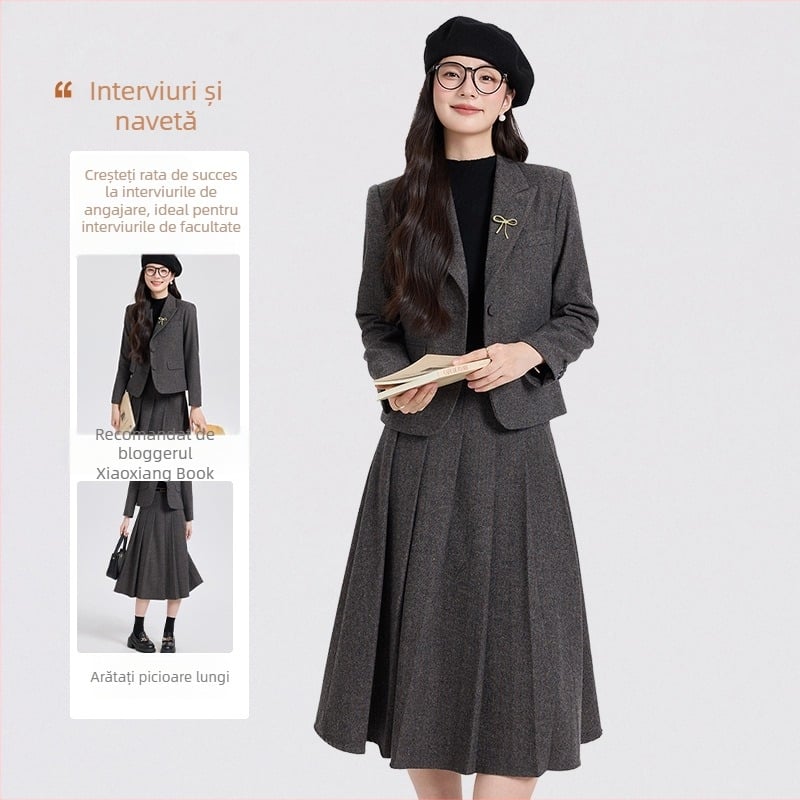 Costum femei, sacou și fustă din lână, set din două piese, toamnă/iarnă, elegant vestimentație profesională