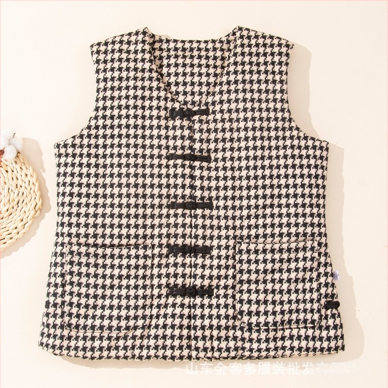 Vesta de femei din bumbac cu Lycra, umplere din bumbac, țesătură principală din bumbac, decolteu în V, model carouri