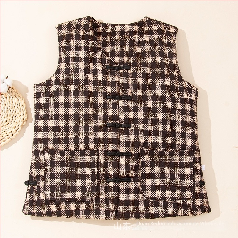 Vesta de femei din bumbac cu Lycra, umplere din bumbac, țesătură principală din bumbac, decolteu în V, model carouri