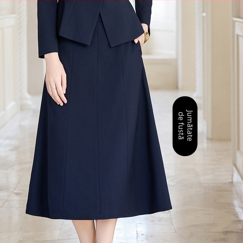 Set profesional feminin din două piese pentru interviuri în învățământ – rochie slim cu sacou, amestec poliester-bumbac, fustă lungă, mâneci lungi