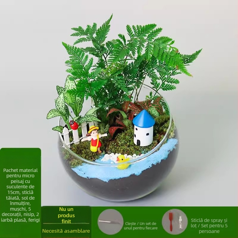 Kit DIY pentru peisaj mini cu mușchi și suculente într-o sferă din sticlă borosilicat, brand Xuanyi, ambalaj carton, pentru așezare pe birou