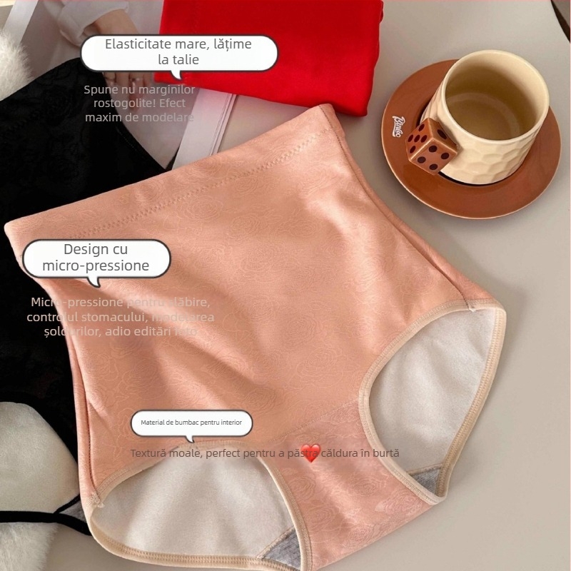 Chiloți femei cu talie înaltă, căptuți cu fleece, control abdominal, tricotat, model floral