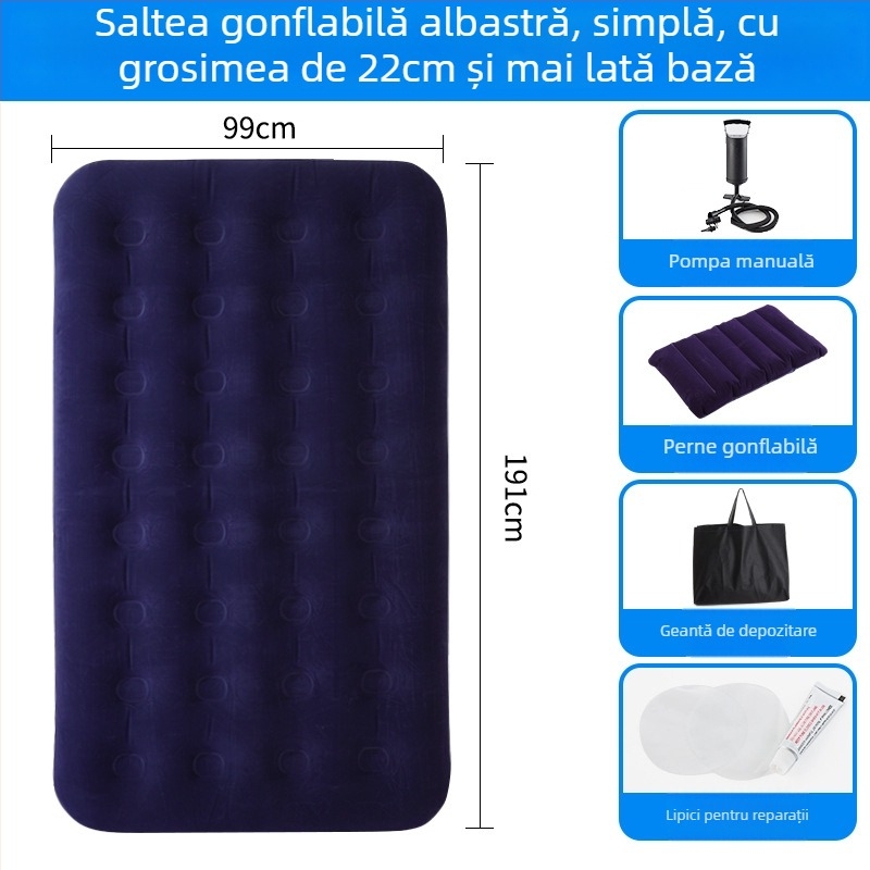 Pat de aer cu suprafață catifelată, saltea pneumatică dublă pliabilă pentru 3-4 persoane, dimensiuni 203×183 cm, greutate 3 kg, sarcină maximă 300 kg