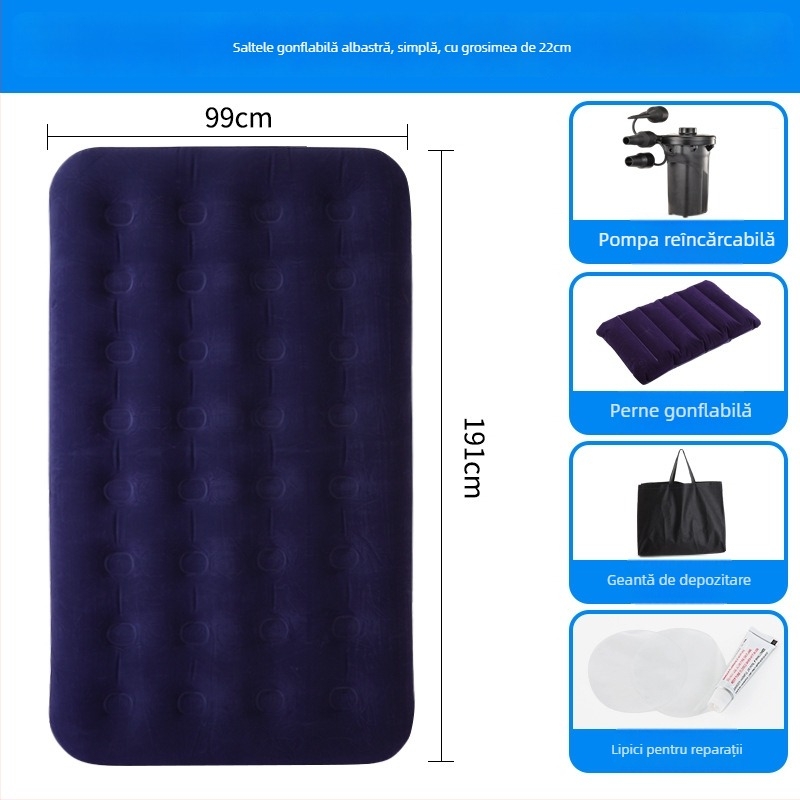 Pat de aer cu suprafață catifelată, saltea pneumatică dublă pliabilă pentru 3-4 persoane, dimensiuni 203×183 cm, greutate 3 kg, sarcină maximă 300 kg