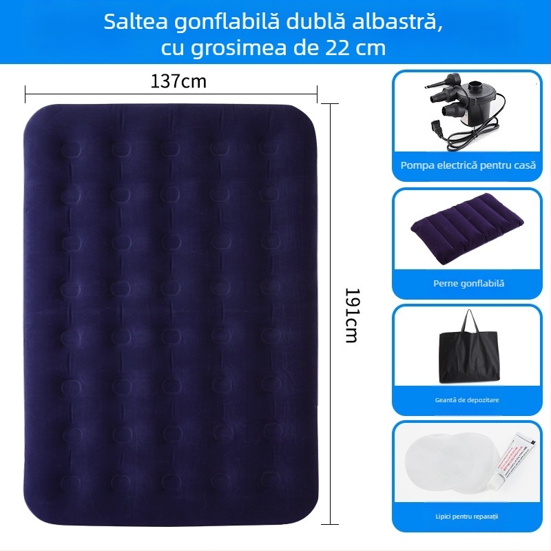 Pat de aer cu suprafață catifelată, saltea pneumatică dublă pliabilă pentru 3-4 persoane, dimensiuni 203×183 cm, greutate 3 kg, sarcină maximă 300 kg