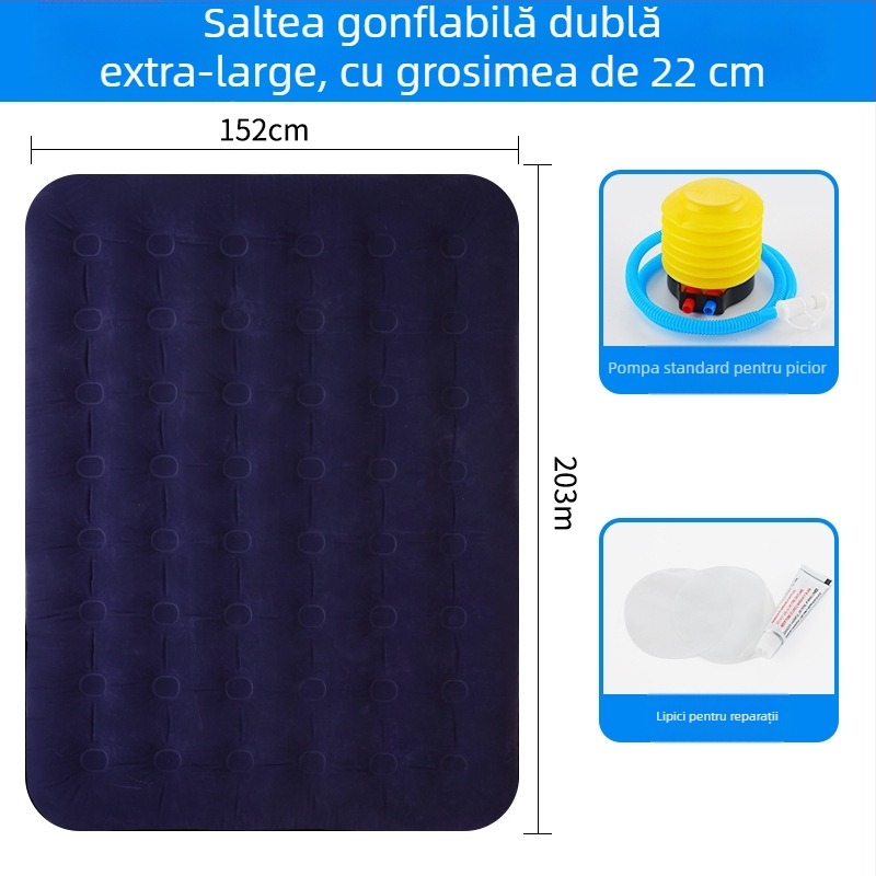 Pat de aer cu suprafață catifelată, saltea pneumatică dublă pliabilă pentru 3-4 persoane, dimensiuni 203×183 cm, greutate 3 kg, sarcină maximă 300 kg
