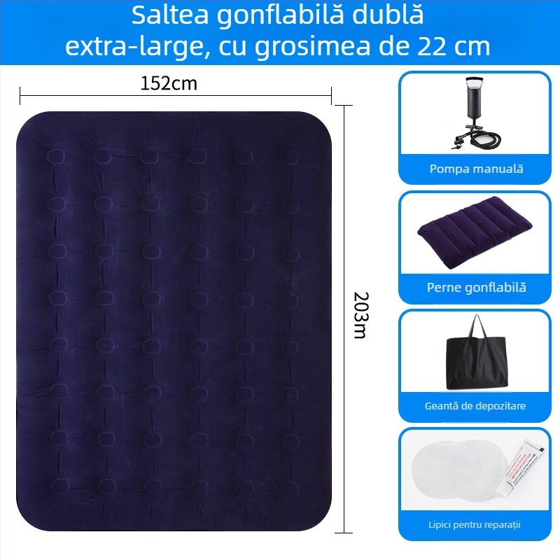 Pat de aer cu suprafață catifelată, saltea pneumatică dublă pliabilă pentru 3-4 persoane, dimensiuni 203×183 cm, greutate 3 kg, sarcină maximă 300 kg