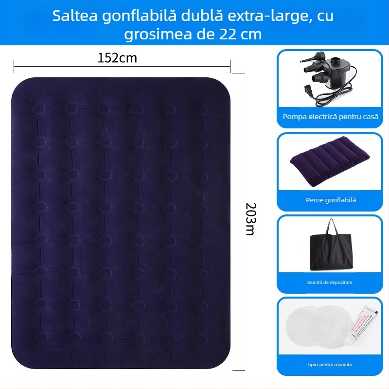 Pat de aer cu suprafață catifelată, saltea pneumatică dublă pliabilă pentru 3-4 persoane, dimensiuni 203×183 cm, greutate 3 kg, sarcină maximă 300 kg