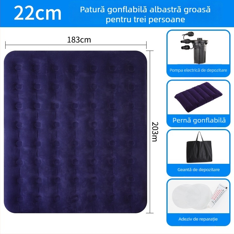 Pat de aer cu suprafață catifelată, saltea pneumatică dublă pliabilă pentru 3-4 persoane, dimensiuni 203×183 cm, greutate 3 kg, sarcină maximă 300 kg