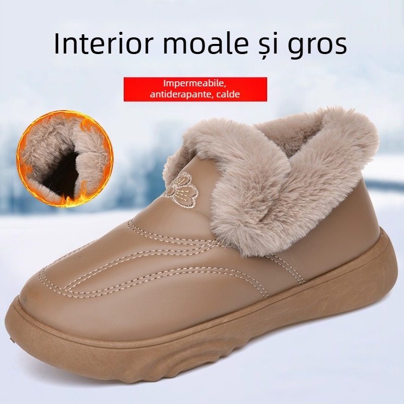 Pantofi de damă pentru iarnă-toamnă, cu partea superioară PU, căptușire din fleece sintetic, talpă din cauciuc, slip-on
