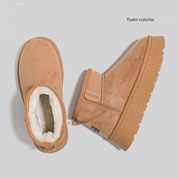 Cizme de zăpadă pentru femei cu căptușeală din blană, partea superioară elastică, talpă din cauciuc, înălțime medie, colecția de iarnă 2025