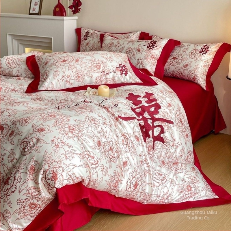 Set de lenjerie de pat din patru piese, stil nuntă chineză, model în dungi, poliester, imprimare reactive și vopsire, premium