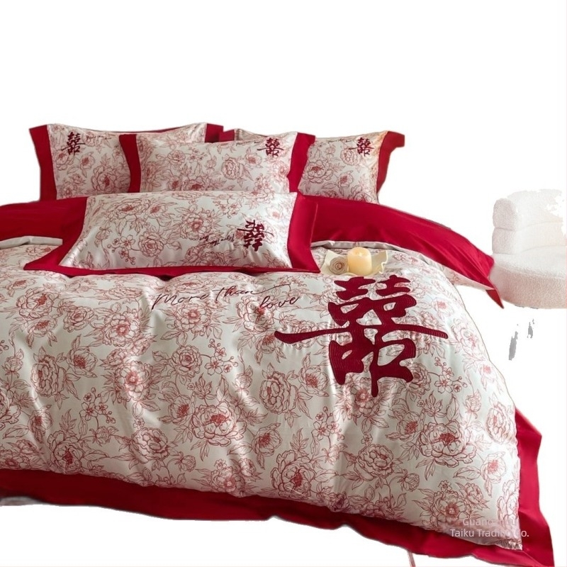 Set de lenjerie de pat din patru piese, stil nuntă chineză, model în dungi, poliester, imprimare reactive și vopsire, premium