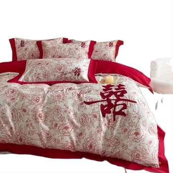 Set de lenjerie de pat cu broderie, pentru nuntă, patru piese, poliester, model cu dungi, imprimare și vopsire reactive