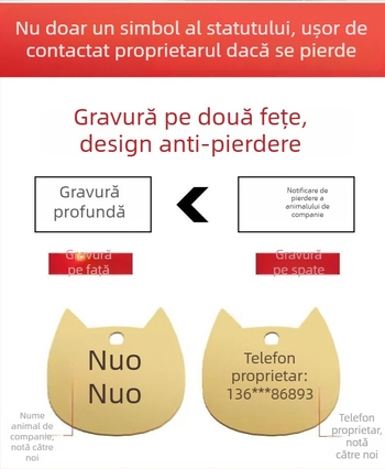 Etichetă de identificare gravată pentru pisici și câini, colier din oțel inoxidabil cu șnur roșu, anti-pierdere, stil desen animat