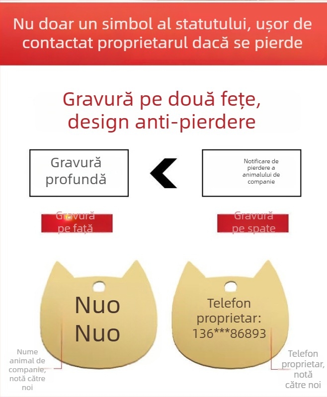 Etichetă de identificare gravată pentru pisici și câini, colier din oțel inoxidabil cu șnur roșu, anti-pierdere, stil desen animat