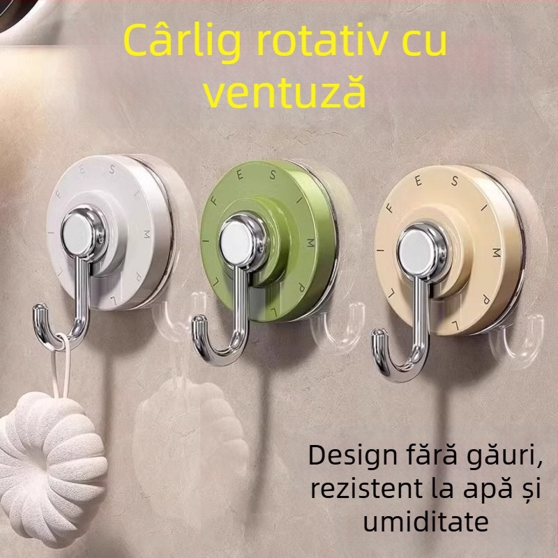 Cârlig din plastic cu ventuză rotativ, montaj pe perete fără găuri, pentru bucătărie și baie