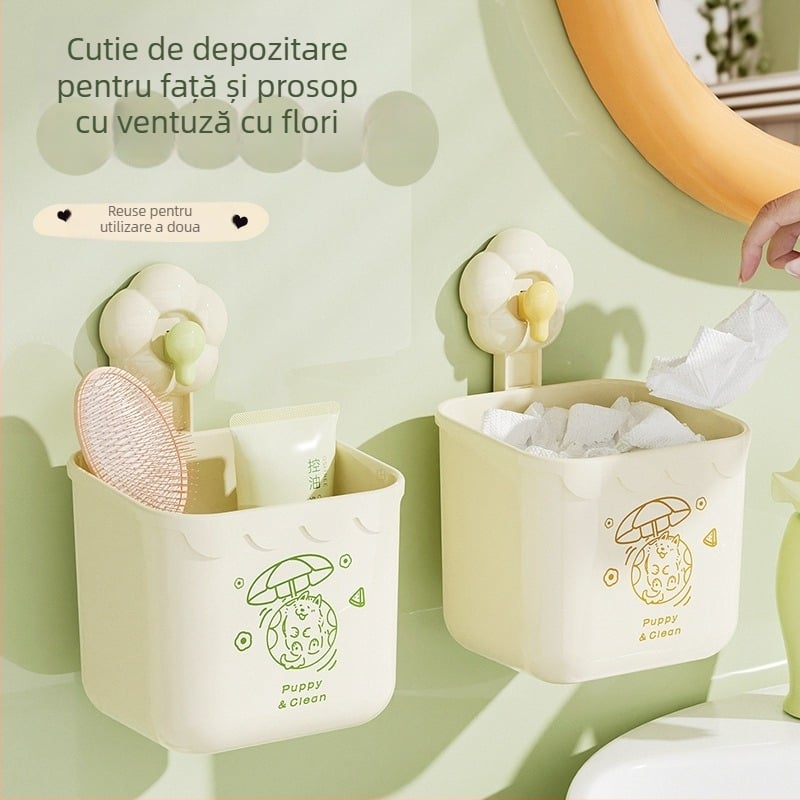 Cutie de depozitare montată pe perete cu ventuză în formă de floare pentru prosoapele de față, plastic PP, model 6, culoare solidă.