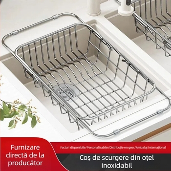 Coș de scurgere din oțel inoxidabil pentru chiuvetă, extensibil, montat pe perete, mobil, fără instalare