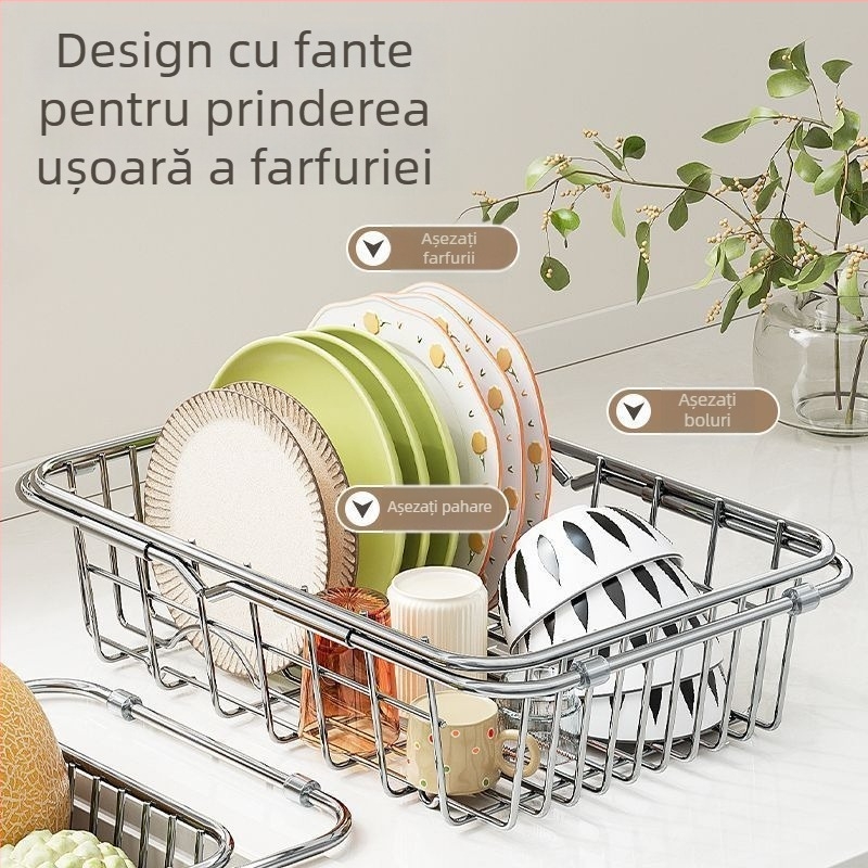 Coș de scurgere din oțel inoxidabil pentru chiuvetă, extensibil, montat pe perete, mobil, fără instalare