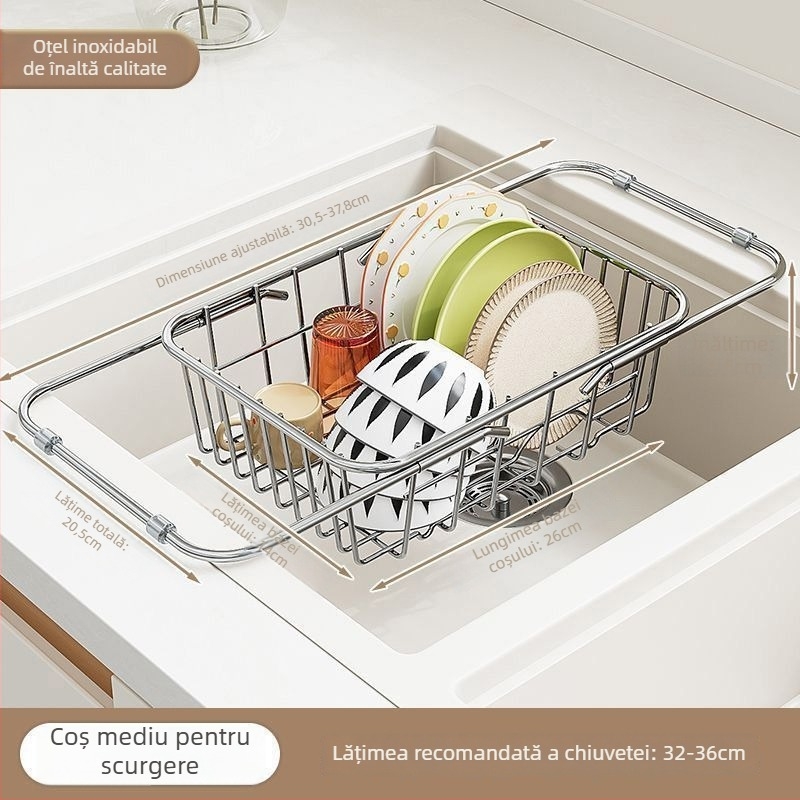 Coș de scurgere din oțel inoxidabil pentru chiuvetă, extensibil, montat pe perete, mobil, fără instalare