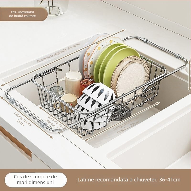 Coș de scurgere din oțel inoxidabil pentru chiuvetă, extensibil, montat pe perete, mobil, fără instalare