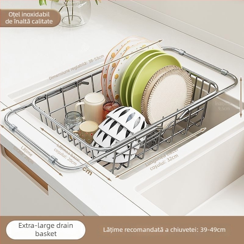 Coș de scurgere din oțel inoxidabil pentru chiuvetă, extensibil, montat pe perete, mobil, fără instalare