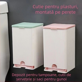 Cutie de depozitare pentru tampoane sanitare, montată pe perete, multifuncțională, protecție la praf, cu capac, model Pull, material PP