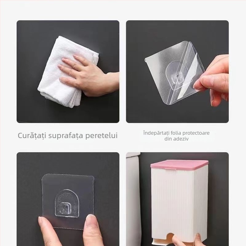 Cutie de depozitare pentru tampoane sanitare, montată pe perete, multifuncțională, protecție la praf, cu capac, model Pull, material PP