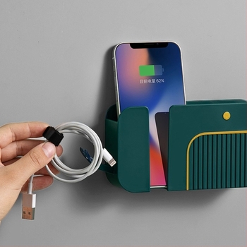 Raft de stocare pentru telefon, montat pe perete — plastic, model mediu, raft de noptieră multifuncțional, fără montaj și fără găurire