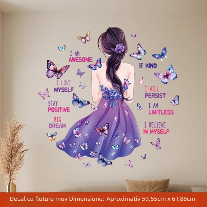 Set de autocolante pentru perete cu motiv fluture și slogan în engleză, PVC, impermeabile, autocolante autoadezive, 5+ bucăți, stil modern minimalist